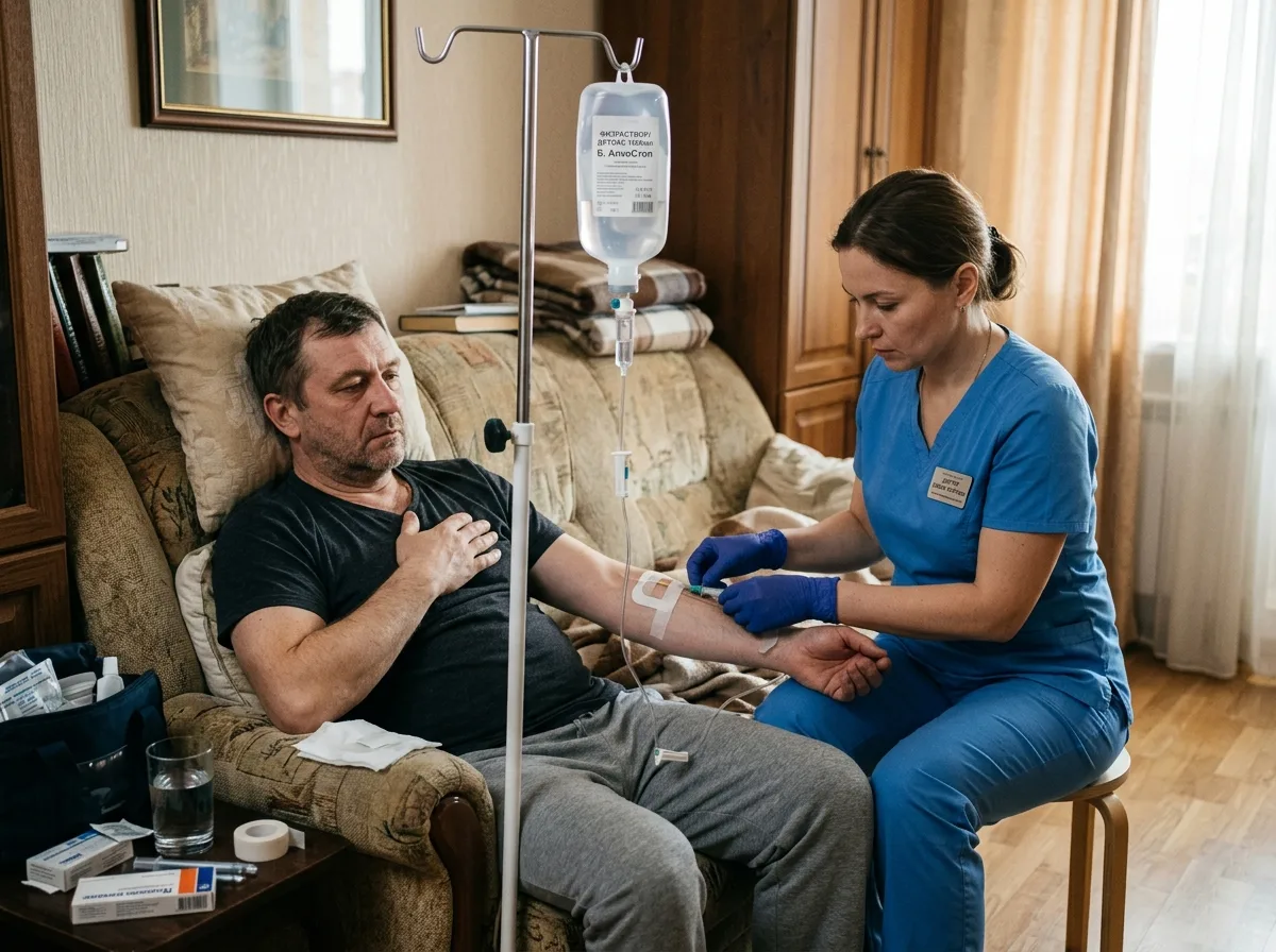 Врач ставит капельницу пациенту на дому, детоксикация при алкогольном запое, квартира, спокойная обстановка