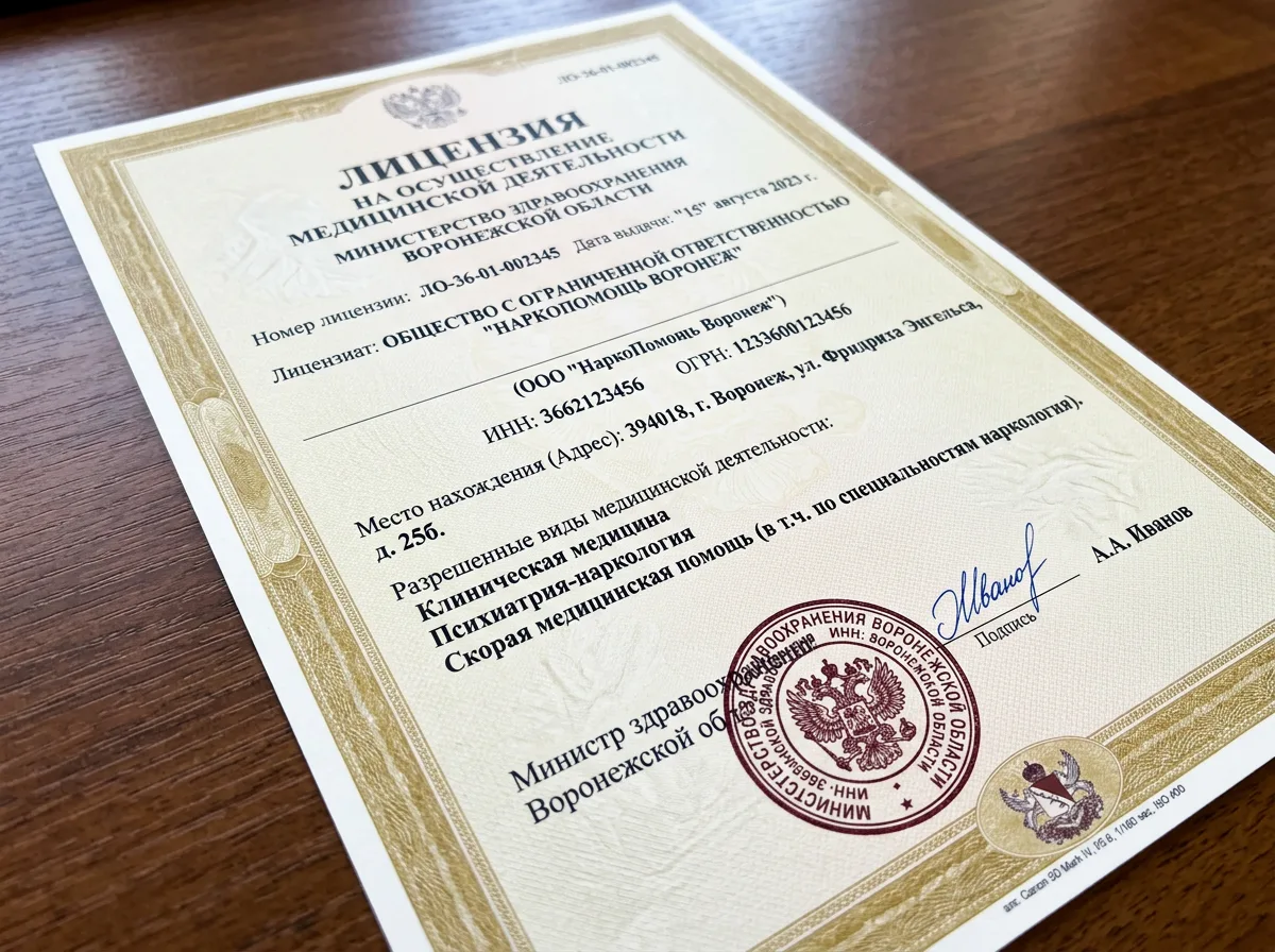 Лицензия на медицинскую деятельность ООО НаркоПомощь Воронеж, выданная Министерством здравоохранения Воронежской области, официальный документ с печатью