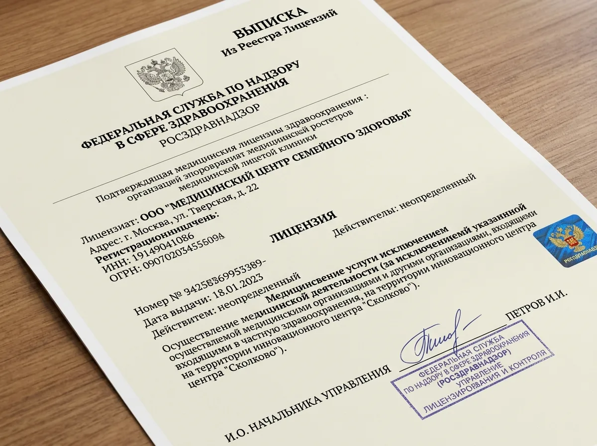 Выписка из реестра лицензий Росздравнадзора, официальный документ с государственным гербом и подписью, подтверждение лицензии клиники